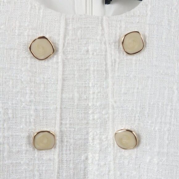 ZARA WHITE TWEED SLEEVELESS PLUNGING NECKLINE 4 BUTTON MINI DRESS SIZE MEDIUM - Picture 6 of 12